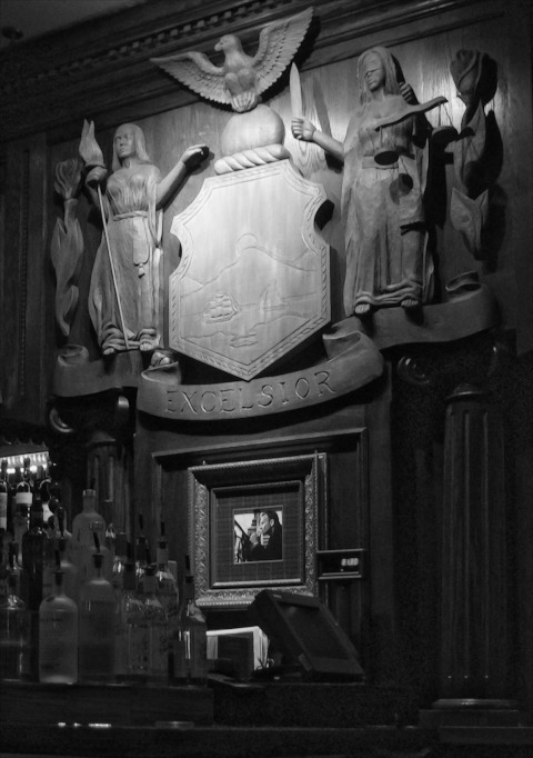 Wood carvings above the bar at the Hard Rock Cafe.