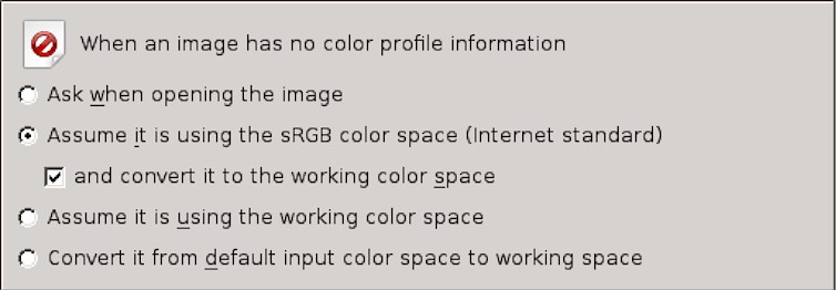 Preselected digiKam Settings for When an image has no color profile information