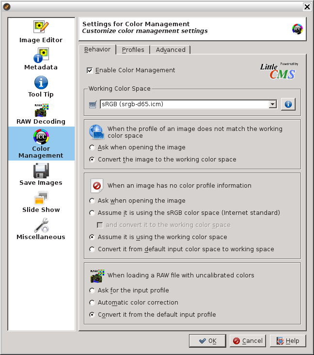 digiKam recommended 'Settings for Color Management, Behavior tab for the All-sRGB Workflow'.