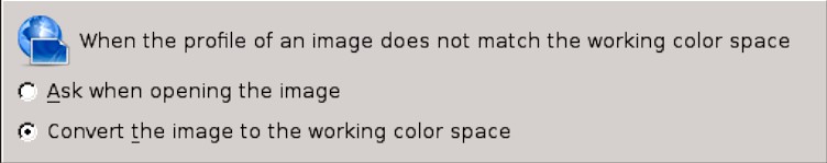 Preselected Settings for When the profile of an image does not match the Working Color Space