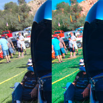Two versions of a car show photograph showing that correcting a color cast in the wrong RGB working space produces wrong results.